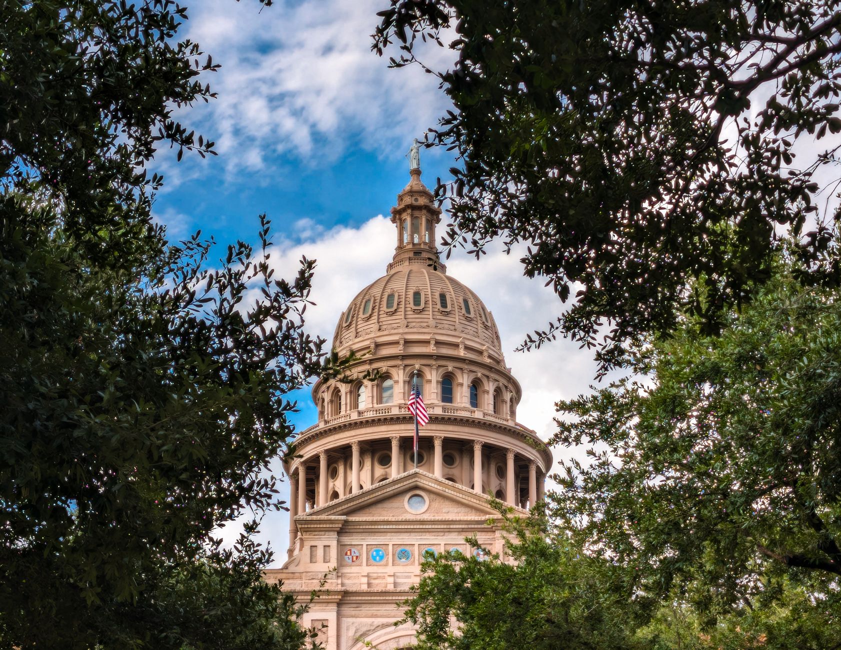 View of the iconic Texas State Capitol dome framed by lush trees under a vibrant sky in Austin, TX